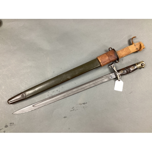 471 - WWI American M1917 Bayonet, Scabbard and leather frog with various marks including year '1917' and m... 