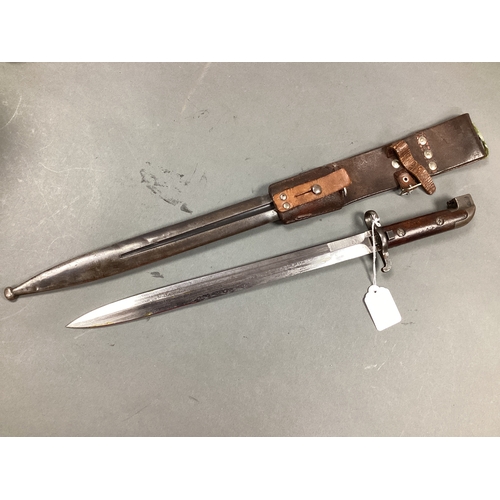 491 - Swedish M1914 Mauser Bayonet, Scabbard and Frog, with crown stamp and manufacturer mark EJAB to blad... 