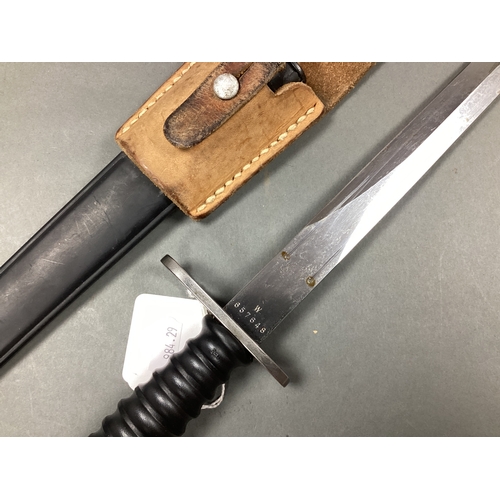 511 - Swiss SIG STGW M1957 Bayonet, Scabbard and Leather Frog, with manufacturer mark 'W' and assembly fac... 