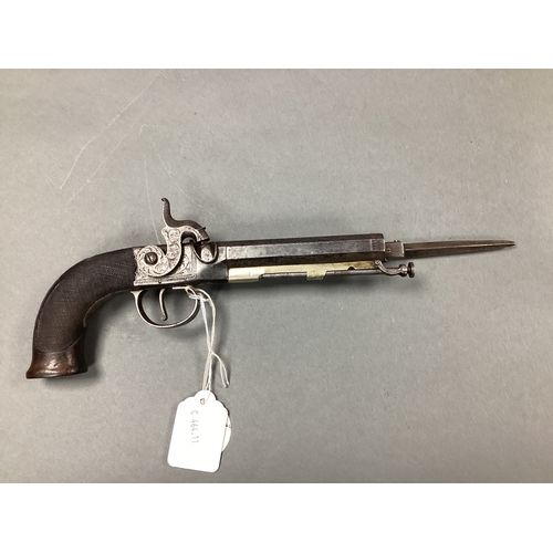 528 - Mid-Late XIX Century English Percussion Side Lock Pistol, with folding bayonet, top of barrel engrav... 