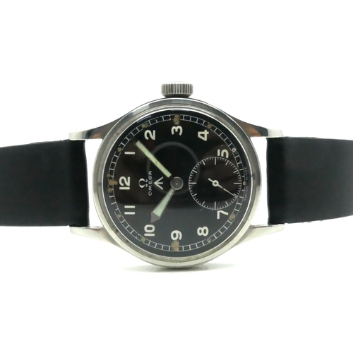 618 - WWII British Army Dirty Dozen Omega Wristwatch, 'Omega' and broad arrow to dial. 'WWW' 'Y14629' '106... 