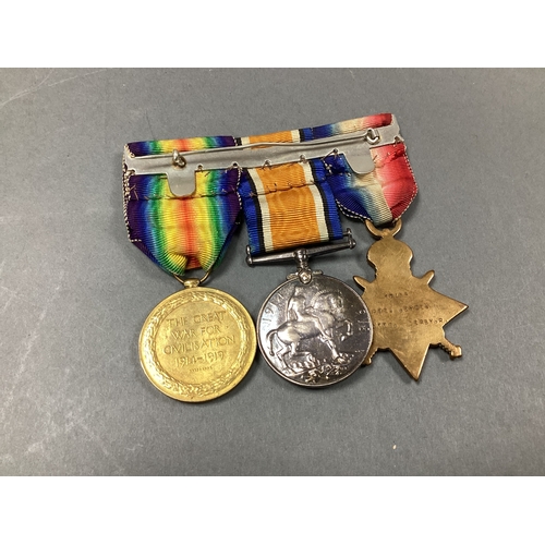 632 - WWI Medal Trio On Brooch Bar, comprising 1914-15 Star, British War Medal & Victory Medal, awarded to... 