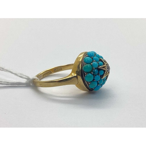 255 - A Victorian Diamond and Turquoise Etruscan Ring, the old cut diamond set to star-shaped setting, wit... 