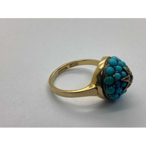 255 - A Victorian Diamond and Turquoise Etruscan Ring, the old cut diamond set to star-shaped setting, wit... 