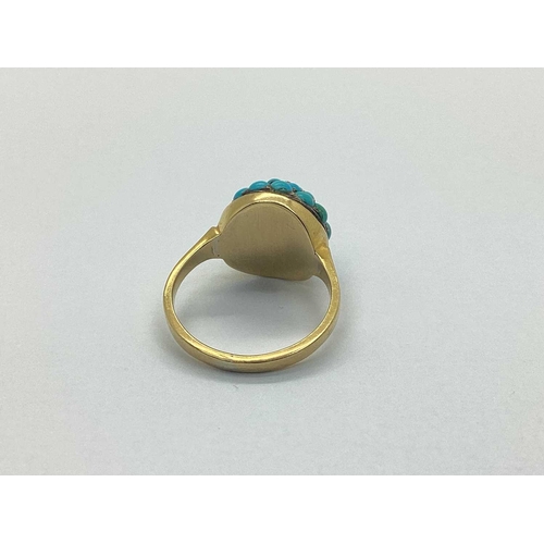 255 - A Victorian Diamond and Turquoise Etruscan Ring, the old cut diamond set to star-shaped setting, wit... 