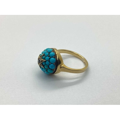 255 - A Victorian Diamond and Turquoise Etruscan Ring, the old cut diamond set to star-shaped setting, wit... 