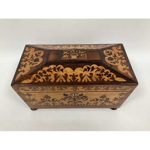 1278 - A Mid XIX Century Rosewood Tea Caddy, of sarcophagus form elaborately inlaid with flowers and scroll... 