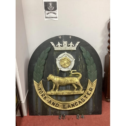 1340 - WITHDRAWN
A Large Metal Standing/Hanging Sign for the York and Lancaster Regiment, comprising a laur... 