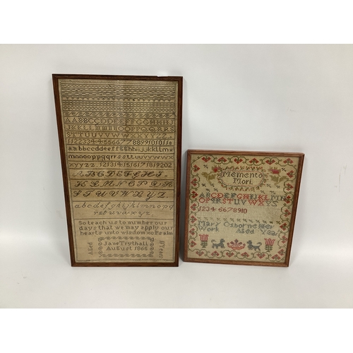 1346 - A Mid XIX Century Sampler, worked by Jane Trythall, August 1865, with alphabet and numbers, 48 x 27c... 