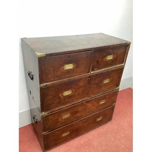 1477 - A XIX Century Mahogany Two-Piece Military Chest of Drawers, with two short and three long drawers, a... 