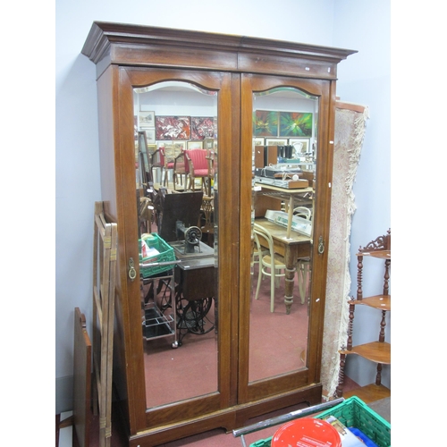 1486 - Edwardian Inlaid Mahogany Double Wardrobe, with stepped pediment, twin mirror doors and hanging comp... 