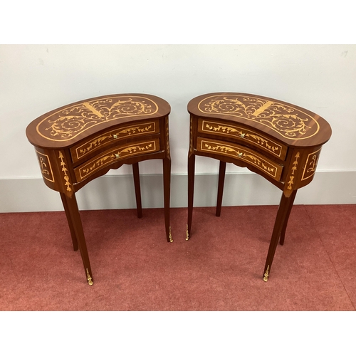 1488 - A Pair of French Style Kidney Shaped Inlaid Tables, with two small drawers, on shaped supports with ... 