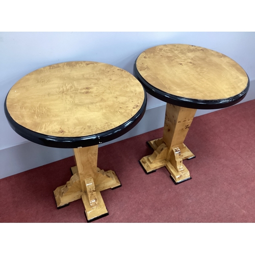 1489 - A Pair of Art Deco Style Tables, with circular tops, on tapering column supports, 74cm high, 60cm wi... 