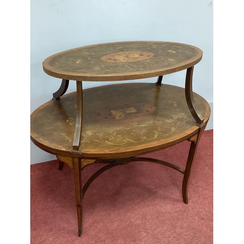 1490 - An Early XX Century Mahogany Two Tier Etagere, the tops with satinwood crossbanding and marquetry in... 