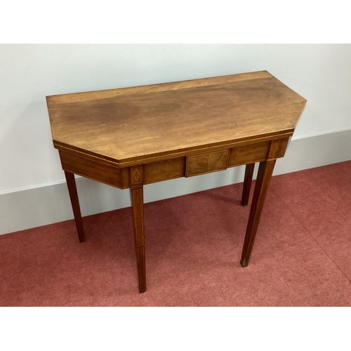 1491 - An Early XIX Century Inlaid Mahogany Tea Table, with fold-over top, on tapering legs, 92cm wide.