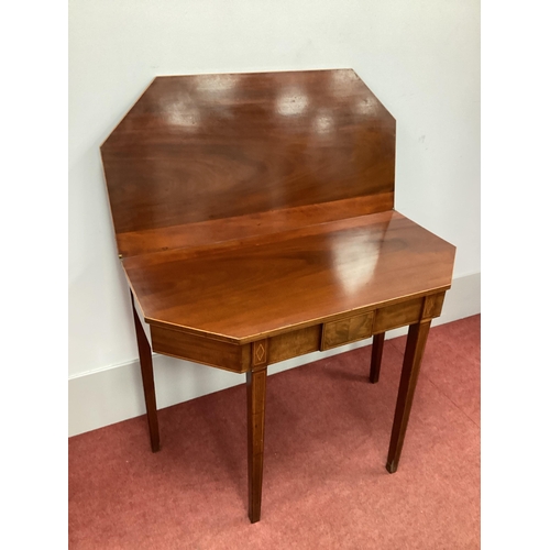 1491 - An Early XIX Century Inlaid Mahogany Tea Table, with fold-over top, on tapering legs, 92cm wide.