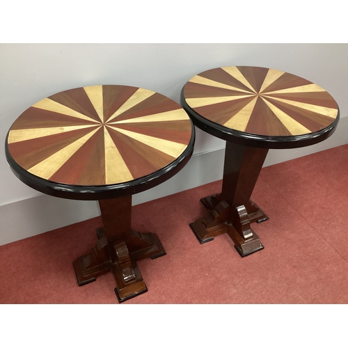 1492 - A Pair of Inlaid Art Deco Style Star Top Circular Tables, on tapering column supports, 74cm high, 60... 