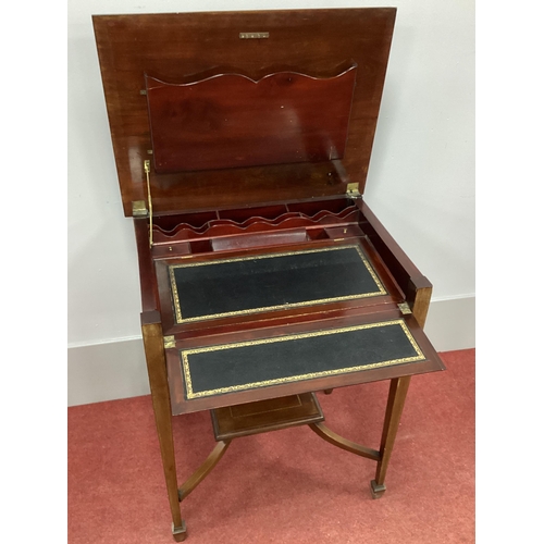 1497 - An Edwardian Inlaid Mahogany Writing Desk, with black leather inset hinged top to fitted interior, o... 