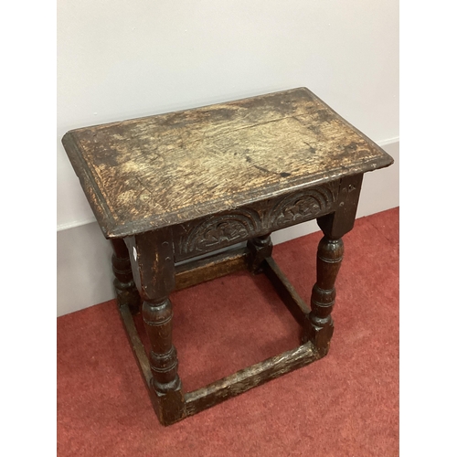 1512 - A XVII Century and Later Joined Oak Joint Stool, with carved frieze on turned and block supports uni... 