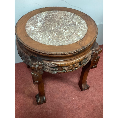 1527 - A Chinese Hardwood Table, with rouge marble insert, border with beadwork decoration, pierced carved ... 