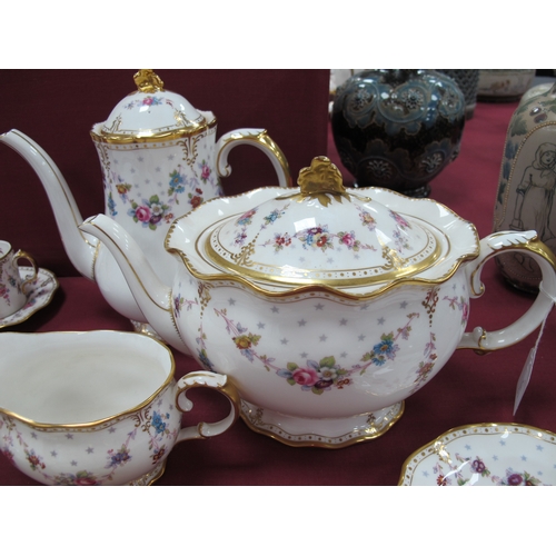 1076 - A Royal Crown Derby Porcelain 'Royal Antoinette' Pattern Part Coffee/Tea Service, comprising:- teapo... 