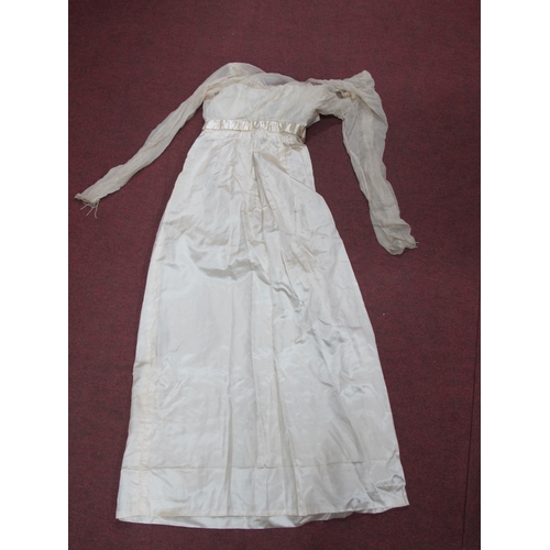 1353 - An Early XX Century Cream Satin and Silk Chiffon Wedding Dress, (very fragile and some pieces detach... 