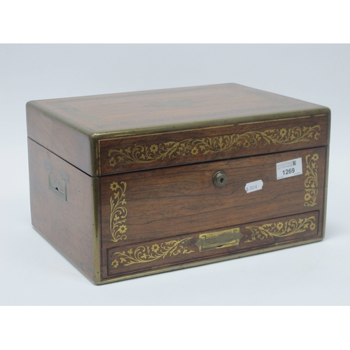 1269 - An Early Victorian Rosewood Travelling Dressing Table Box, of rectangular form with brass inlaid dec... 