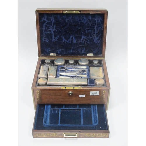 1269 - An Early Victorian Rosewood Travelling Dressing Table Box, of rectangular form with brass inlaid dec... 