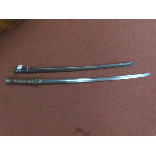 445 - European Military Curved Sword, adapted to resemble Samurai Katana Sword, painted metal hilt with me... 