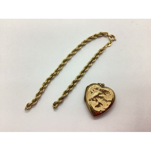 155 - A 9ct Gold Ropetwist Bracelet, (damages), together with a heartshape locket pendant, stamped 