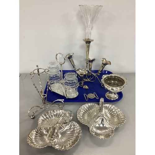 208 - An Assortment of Platedware, to include a silver plated epergne with cut glass trumpet vase, another... 