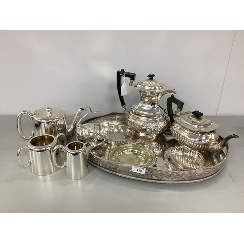 210 - An Assortment of Platedware, to include De Montfort decorative coffee pot, monogrammed teapot of gad... 