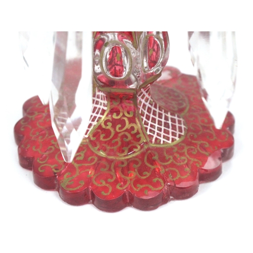 1216 - Pair of Bohemian Style Ruby and Clear and Glass Vases, each with ovoid body, hexagonal knop, wavy ci... 