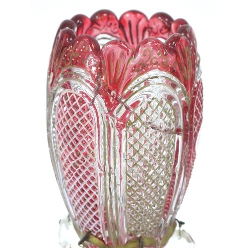 1216 - Pair of Bohemian Style Ruby and Clear and Glass Vases, each with ovoid body, hexagonal knop, wavy ci... 