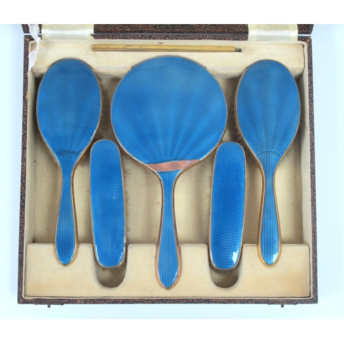 1260 - An Antique Style Guilloche Enamel Dressing Table Set, comprising hand mirror, clothes brush and hair... 