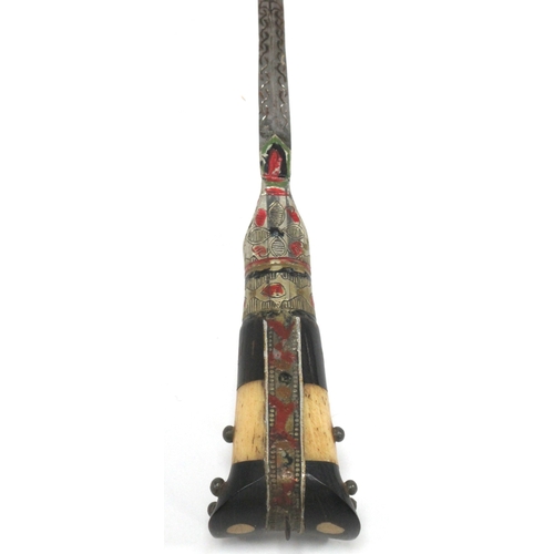 1338 - Kris - Indonesian/Malayan, with silvered blade, ornately carved wooden handle, 47cm long in tomahawk... 