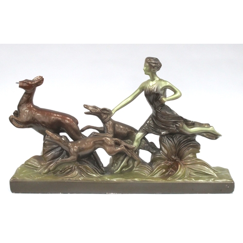 1375 - Art Deco Belgian Chalkware FIgure Group of Lady and Dogs Pursuing Deer, on rectangular base, (damage... 