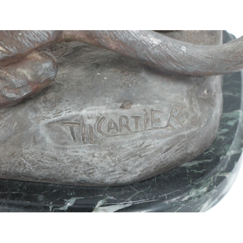 1385 - After T. H Cartier, French Spelter Figure of a crouching cougar cat, on a marble base, 40cm long.