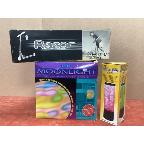 1019 - The Moonlight colour changing lamp, Crystal Stone lamp and a Razor Scooter, untested sold only for p... 