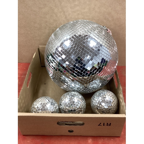 1024 - Mirror Disco Ball approx. 30cm d, with three smaller examples. (4)