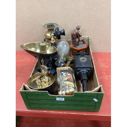 1033 - Scales & Weights, Danbury Mint WWI Centenary Statue, lamps, telephone, etc:- One Box.