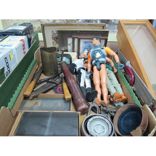 1050 - Curling Irons, shears, glass plates, action men, displays, pictures, etc:- Two Boxes.