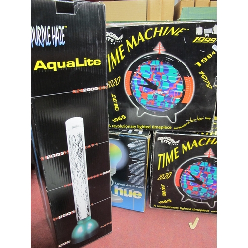 1059 - Magma Lite Time Machine light up clock x2, Purple Haze Aqua Lite lamp and a Big Hue Designer Lamp, a... 