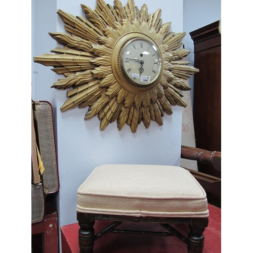 1060 - Smiths Wall Clock, in gilt plastic sunburst frame, 66cm wide, plus stool.