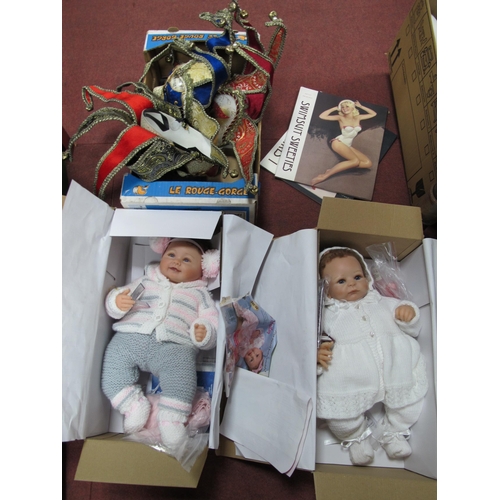 1076 - Three Opera Masks, carved wooden grotesque mask, swimsuit sweeties:- One Box. Aston Drake dolls.