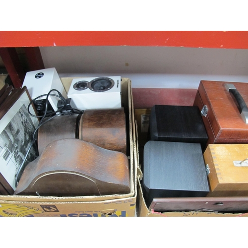 1080 - Microscopes, speakers, mantle clocks, pictures:- Two Boxes.