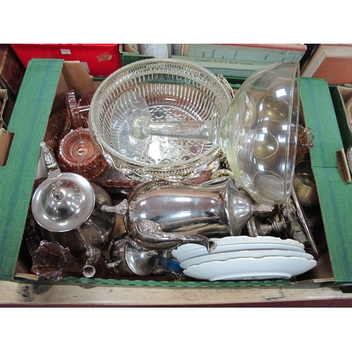 1098 - Plated Three Piece Tea Service, cabinet plates, large glass, 1920s glass dressing table set (d), etc... 