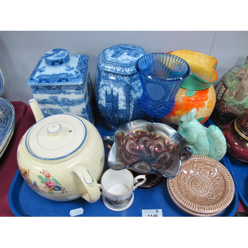 1146 - Rington's Blue and White Pottery Tea Canisters. Gibson's teapot. Art Deco Hancock's jug, etc:- One T... 