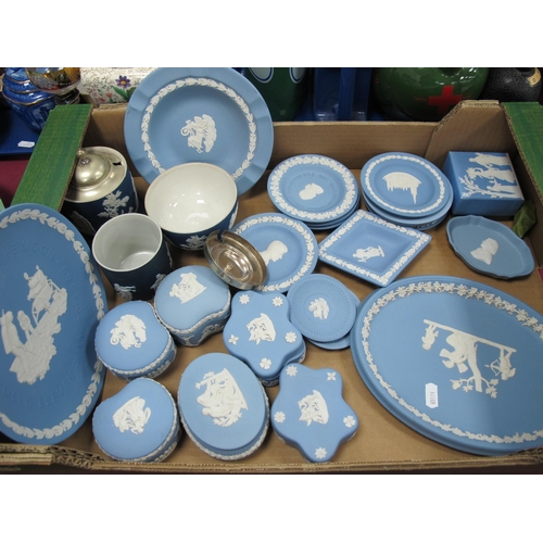 1163 - Wedgwood Powder Blue Jasper Ware, twenty-four pieces including Moon Landing plate, oval trinket dish... 