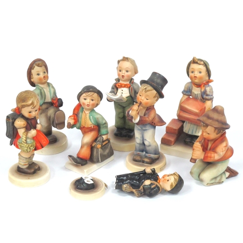 1204 - Eight Goebel Figures, including Boy with Pipe, Girl with Satchel and Basket, etc:- One Tray